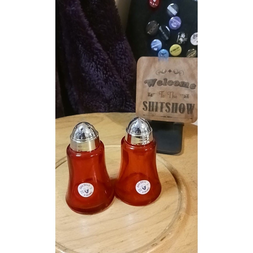 105. Vintage Viking glass Salt & Pepper Shakers w stickers